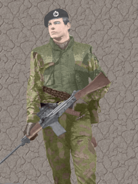 fully restored and colourised 1970s photo of British soldier in Northern Ireland with all damage removed – professionally enhanced by Perth photo restoration specialist