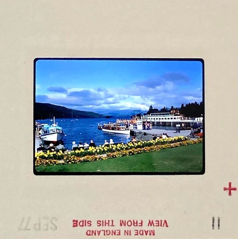 1977 slide of a European lake scene with mild fading – original image ready for professional slide restoration