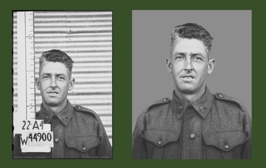 side‑by‑side comparison of WW2 Australian soldier photo downloaded from the national archive with extraneous numbers and data covering the uniform and the portrait off‑centre, next to restored version with all markings removed and the soldier centred in frame with only his uniform visible – example of professional archival portrait restoration