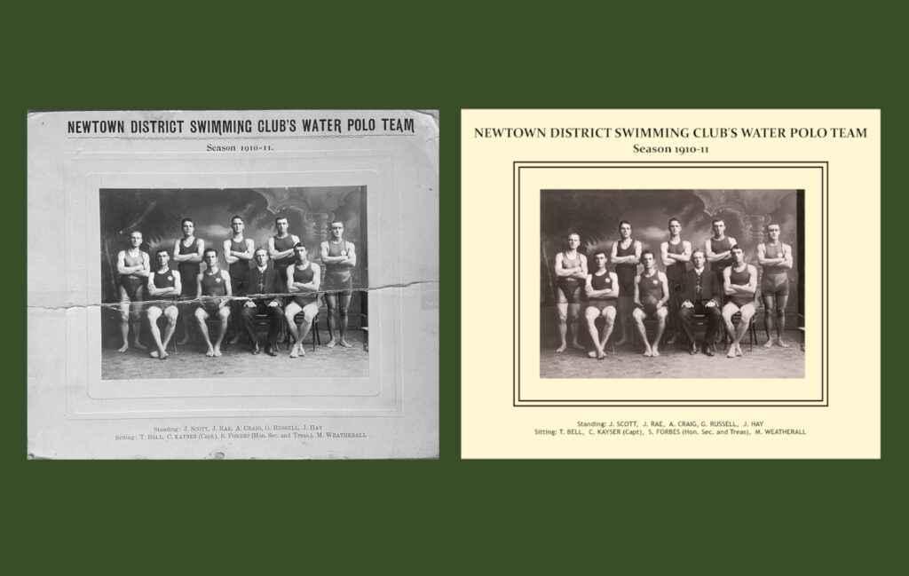 side‑by‑side comparison of torn 1910 water polo team photo with damaged mount graphics next to fully restored version with all damage repaired and new mount and graphics recreated – example of professional archival photo restoration