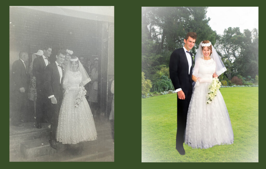 side‑by‑side comparison of faded black and white wedding couple on church steps with unrelated people in background, next to restored and colourised version with background replaced by bushes, grass and trees – example of professional photo restoration and background replacement