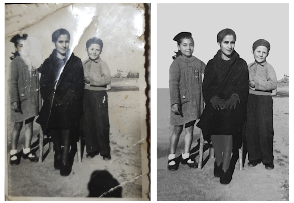 Old photo of family group, before and after comparison with hand restoration by expert Perth Photo restorer