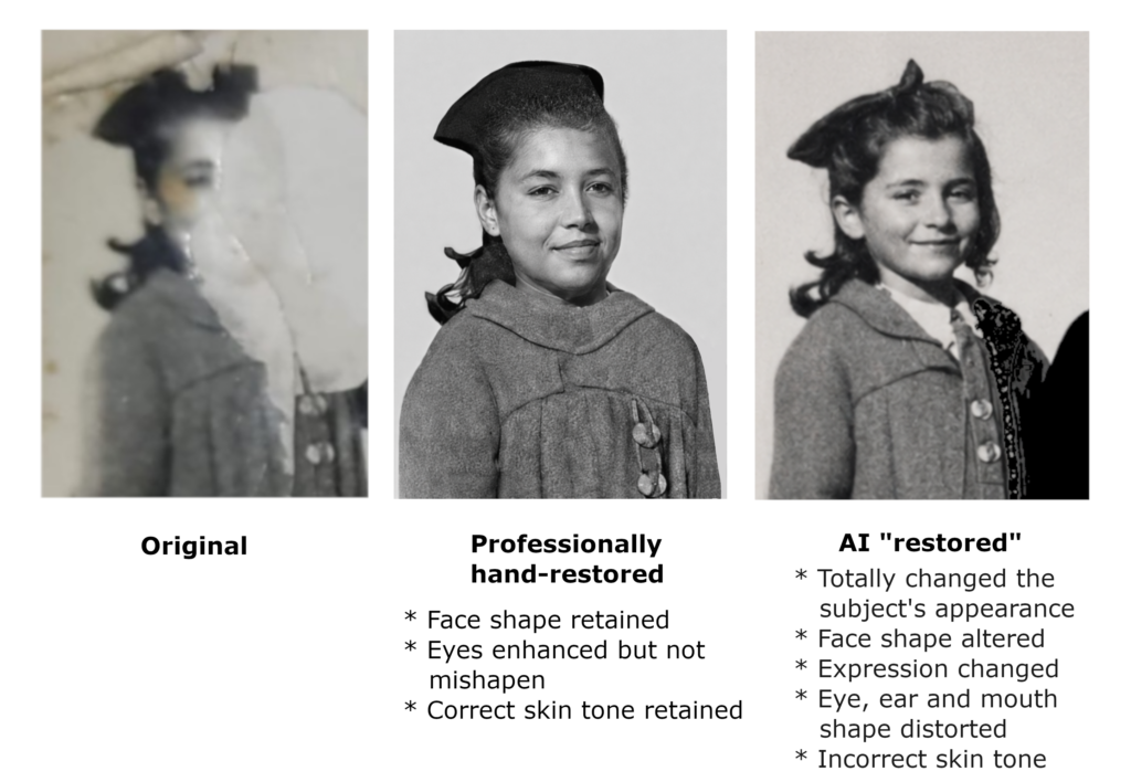 Comparison images of damaged photo repaired professionally compared with AI- shows original, professional and AI results